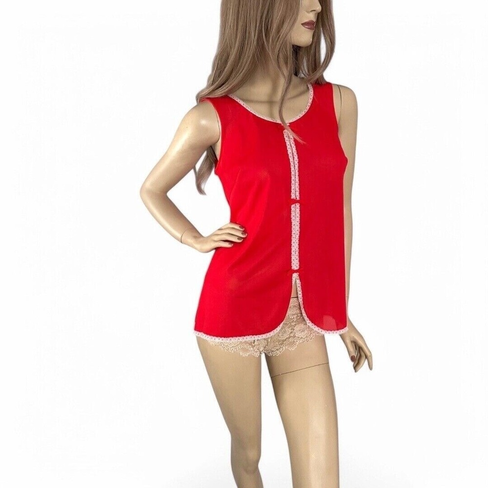 Vintage 70s Cherry Red Nylon‎ Babydoll Nightie S Coquette Lace Trim Chiffon Bow - Picture 3 of 8